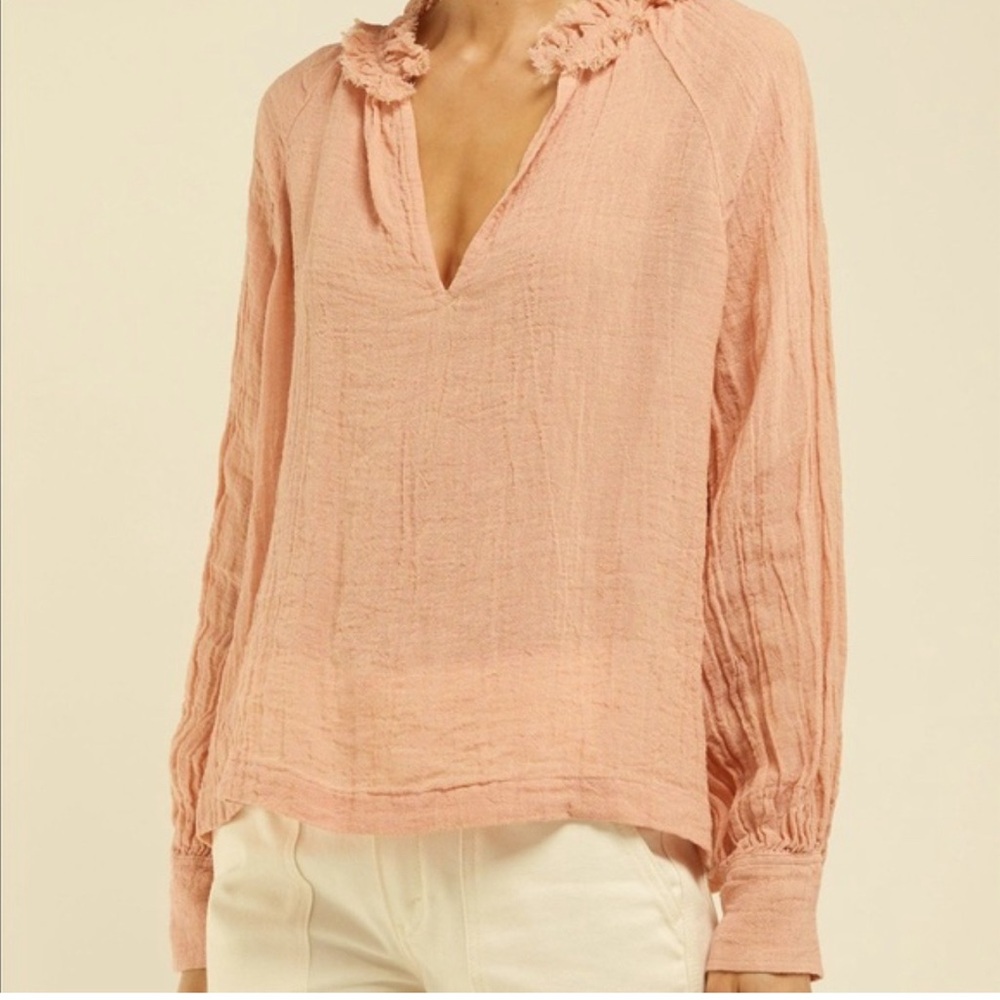 Masscob Morant Top in Peach Blouse Long Sleeve Linen V Neck Peasant